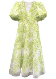 Women Green V Neck Embroidered Cotton Mid Dress Summer