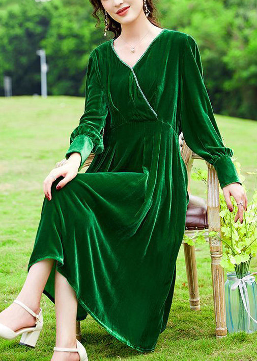 Women Green V Neck Patchwork Silk Velour Holiday Dress Spring