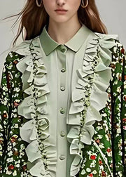 Women Green V Neck Ruffled Print Patchwork Cardigan Fall