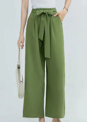 Women Green Wrinkled Bow Pockets Cotton Crop Pants Summer