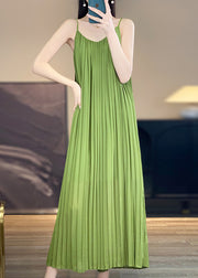 Women Green Wrinkled Solid Cotton Spaghetti Strap Dress Sleeveless