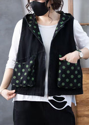 Women Green Zippered Print Hooded Denim Waistcoat Sleeveless