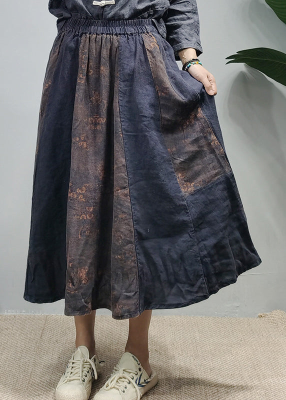 Women Green elastic waist Pockets Print Patchwork Linen Skirts Spring