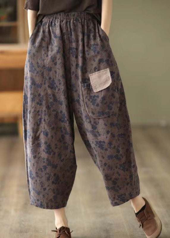 Women Grey Black Pockets Print Elastic Waist Linen Pants Spring