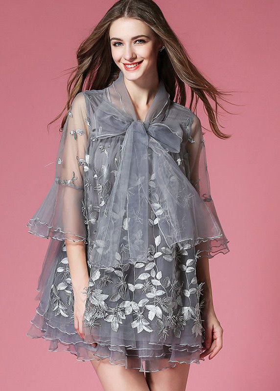 Women Grey Bow Embroideried Hollow Out Organza Dress Summer