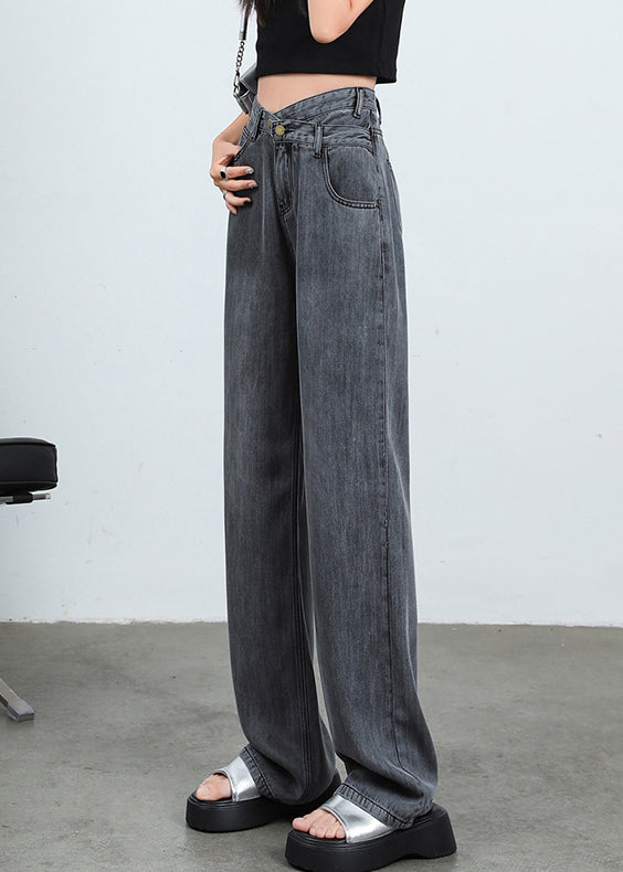 Women Grey Button High Waist Denim Pants Spring