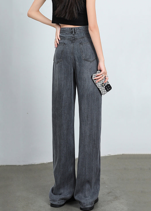 Women Grey Button High Waist Denim Pants Spring