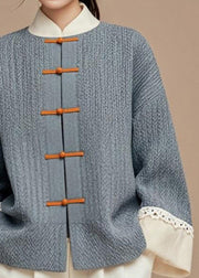 Women Grey Button Patchwork Cotton Coats Fall