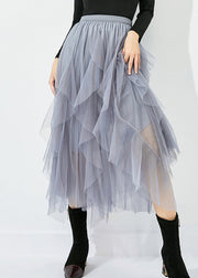 Women Grey Elastic Waist Exra Large Hem Tulle Skirt Summer