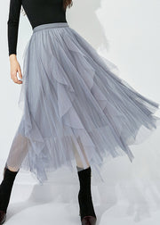 Women Grey Elastic Waist Exra Large Hem Tulle Skirt Summer