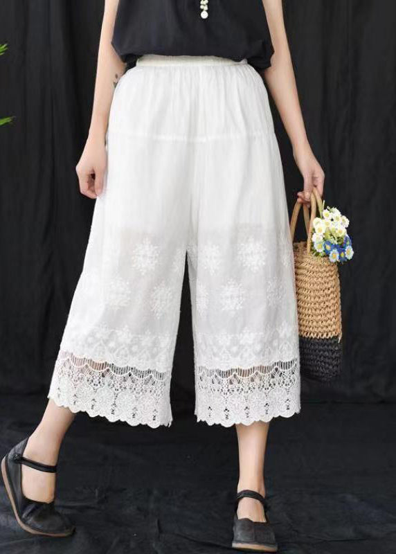 Women Grey Embroidered Elastic Waist Cotton Crop Pants Summer