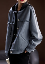 Women Grey O Neck Button Patchwork Cotton Coat Spring