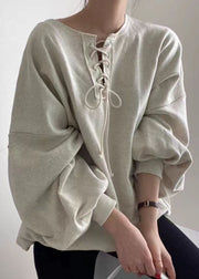 Women Grey O Neck Patchwork Cotton Top Lantern Sleeve