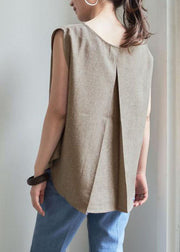 Women Grey O-Neck Wrinkled Linen Tops Sleeveless