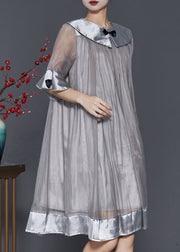 Women Grey Patchwork Bow Tulle Robe Dresses Summer