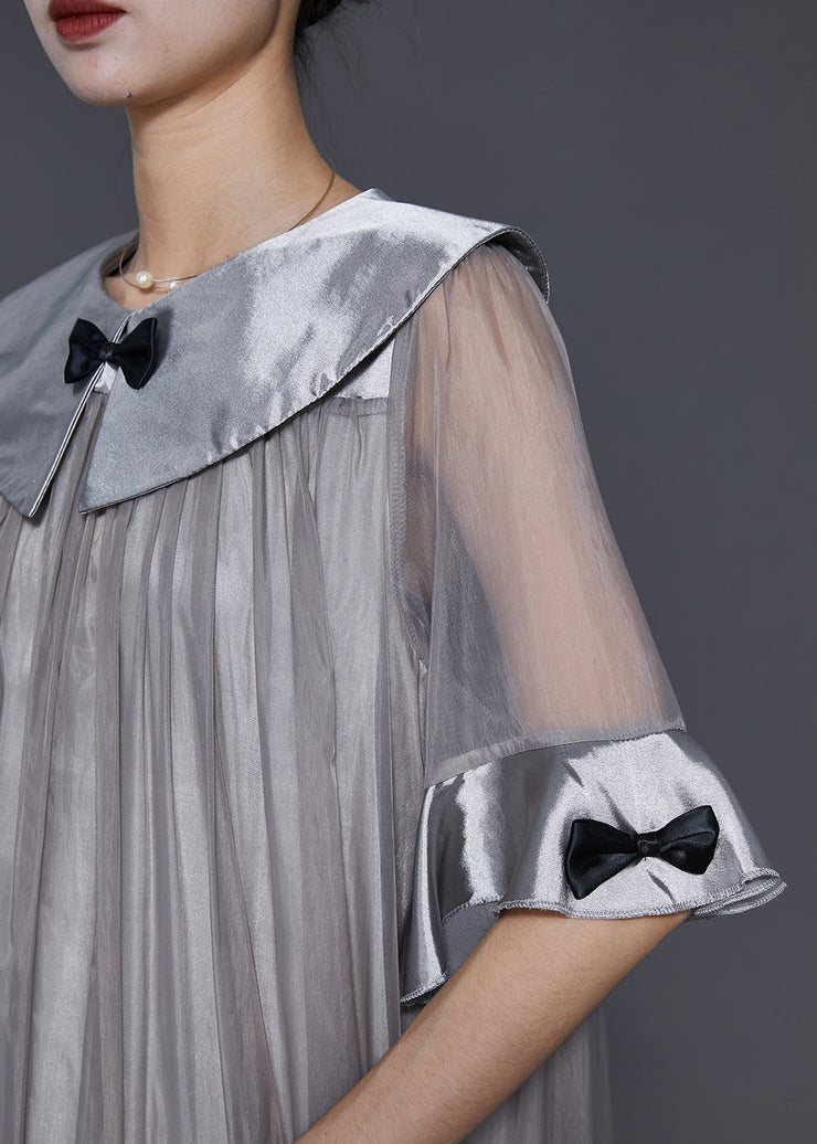 Women Grey Patchwork Bow Tulle Robe Dresses Summer