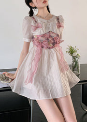 Women Grey Pink Bow Patchwork Print Silk Day Dress Summer