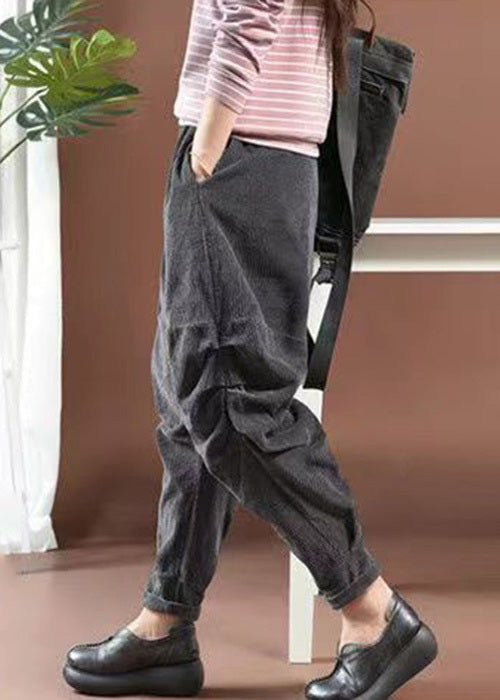 Women Grey Pockets Elastic Waist Corduroy Crop Pants Spring