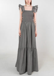 Women Grey Pockets High Waist Cotton Long Dress Summer