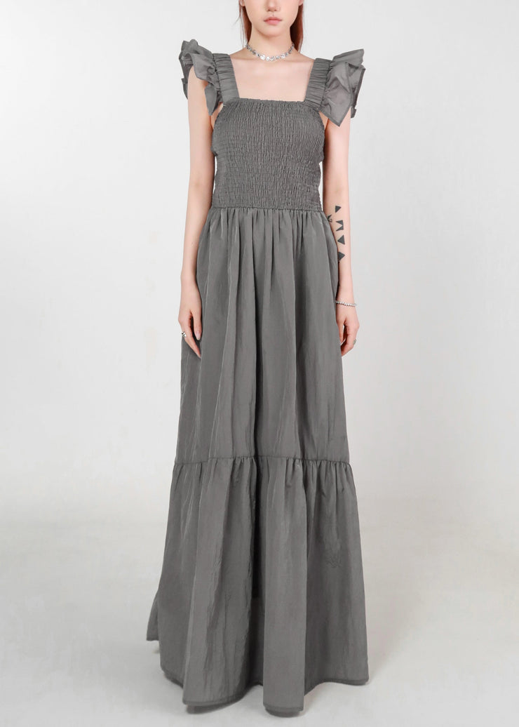 Women Grey Pockets High Waist Cotton Long Dress Summer