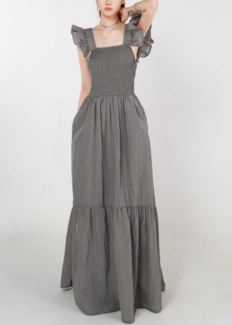 Women Grey Pockets High Waist Cotton Long Dress Summer