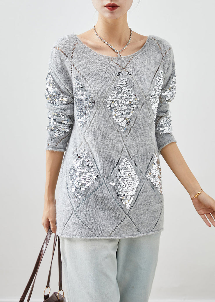 Women Grey Sequins Warm Knit Short Sweater Winter