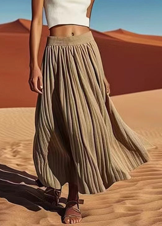 Women Grey Solid Elastic Waist Cotton Pleated Skirt Summer