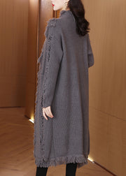 Women Grey Tasseled Pockets Knit Cardigan Winter