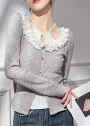 Women Grey V Neck Floral Cotton Knit Cardigans Fall