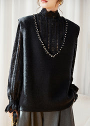 Women Grey V Neck Zircon Patchwork Knit Waistcoat Sleeveless