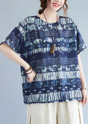 Women Ink Blue O Neck Patchwork Cotton T Shirt Top Summer