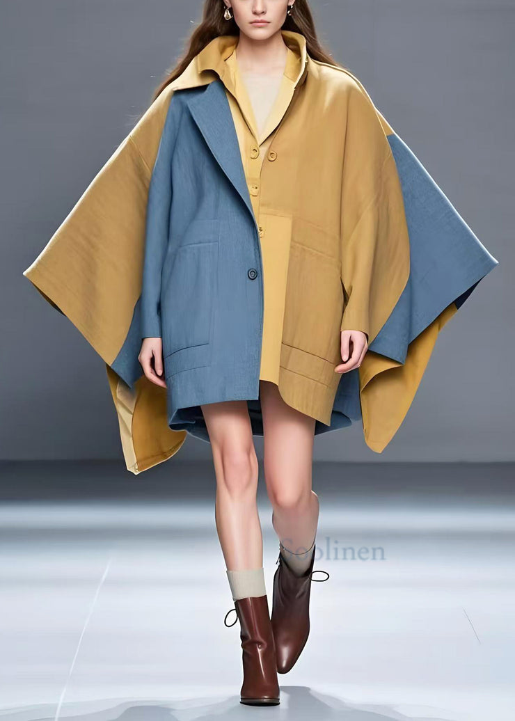 Women Khaki Asymmetrical Patchwork Cotton Trench Batwing Sleeve