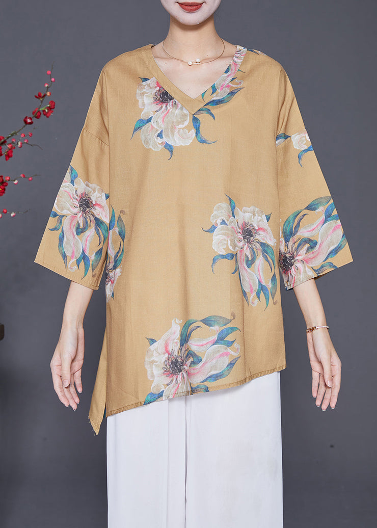 Women Khaki Asymmetrical Print Linen Shirts Summer