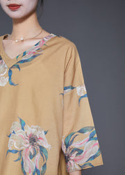 Women Khaki Asymmetrical Print Linen Shirts Summer