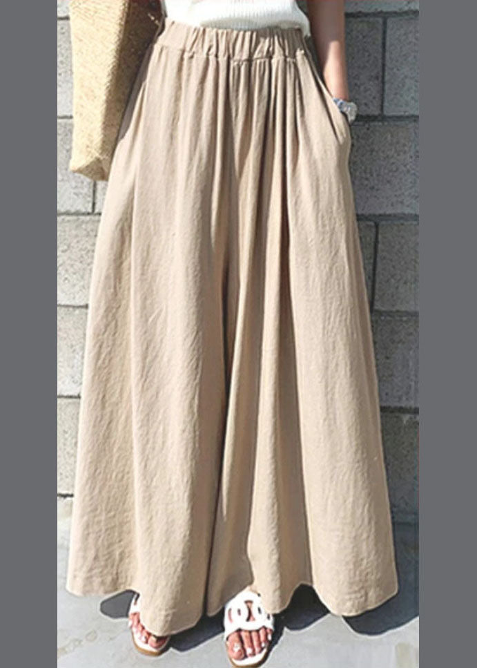 Women Khaki Elastic Waist Solid Color Cotton Wide Leg Pants Summer