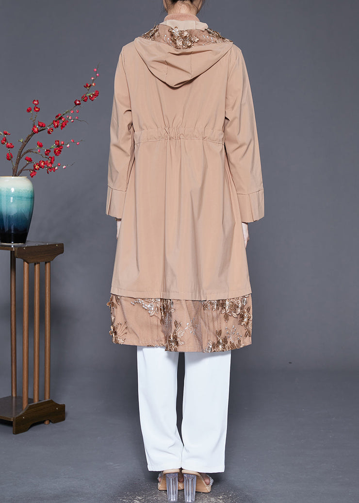 Women Khaki Embroideried Patchwork Cinched Spandex Trench Fall