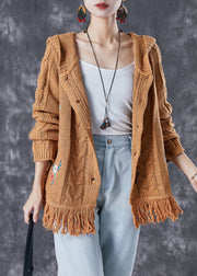 Women Khaki Embroidered Tasseled Knit Jackets Fall