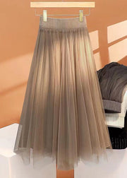 Women Khaki High Waist Wrinkled Asymmetrical Tulle Skirt Spring