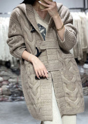 Women Khaki Hooded Oversized Cashmere Long Cardigans Winter