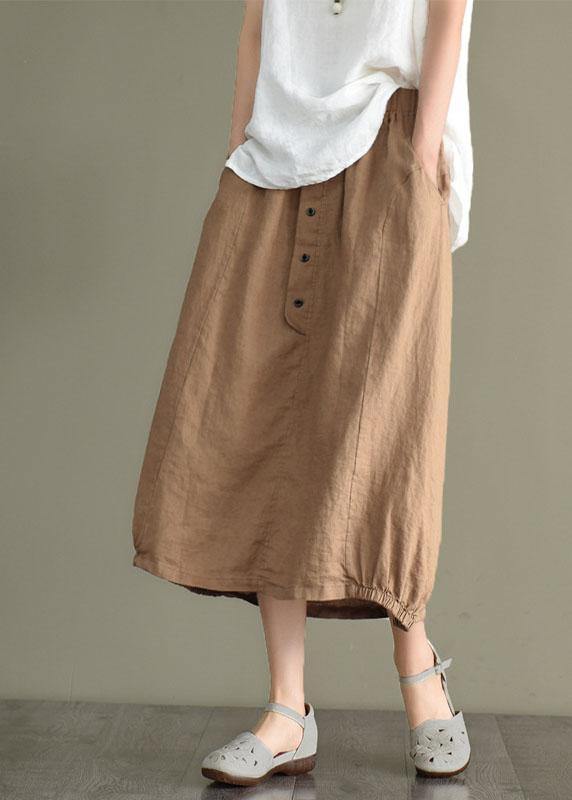 Women Khaki Linen Elastic Waist Button Skirt - SooLinen