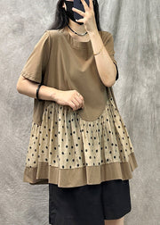 Women Khaki O Neck Dot Patchwork Cotton T Shirts Top Summer