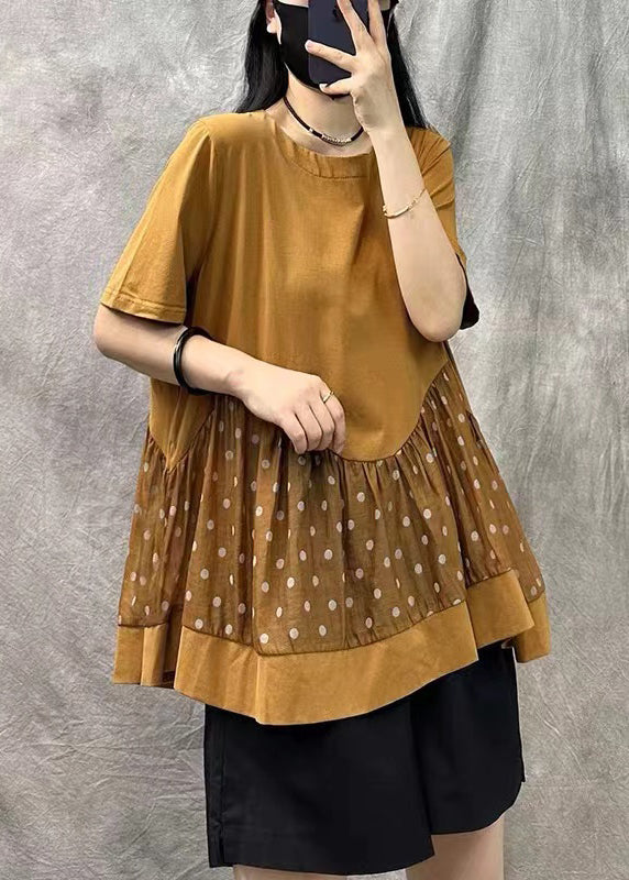 Women Khaki O Neck Dot Patchwork Cotton T Shirts Top Summer