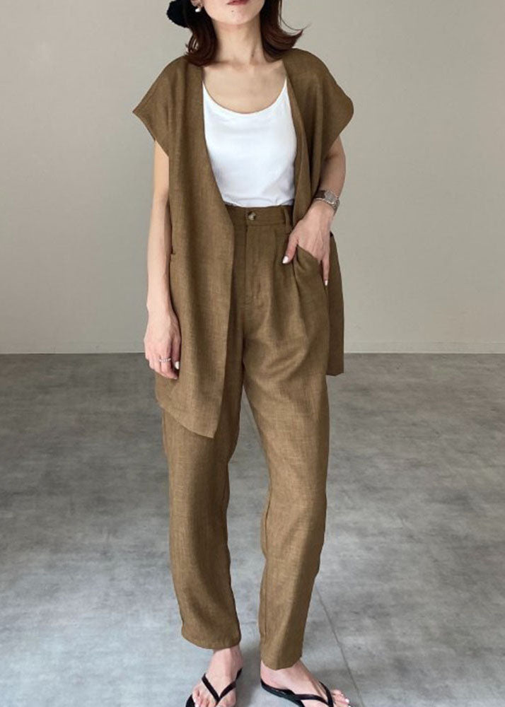 Women Khaki O-Neck Patchwork Vest And Pants Linen Two Pieces Set Spring