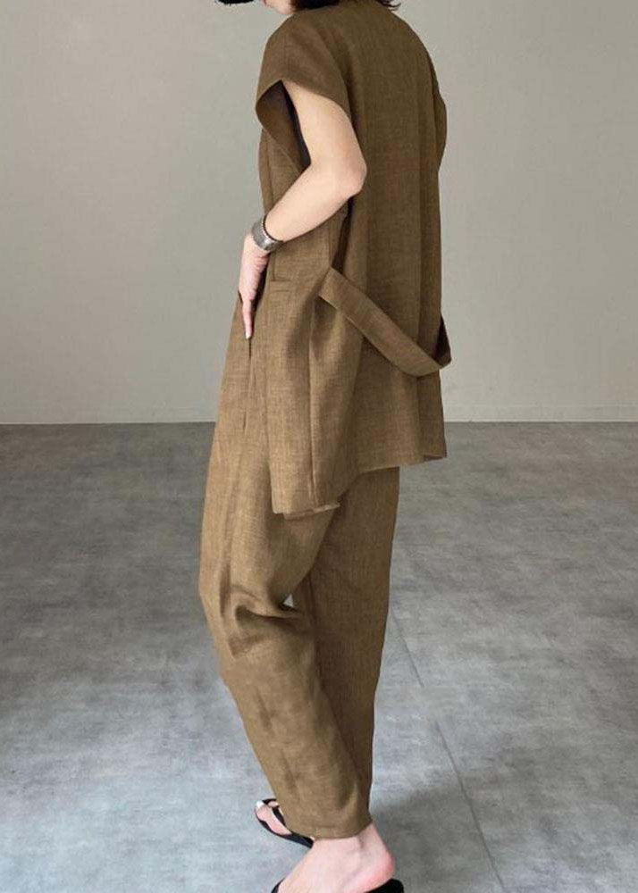 Women Khaki O-Neck Patchwork Vest And Pants Linen Two Pieces Set Spring