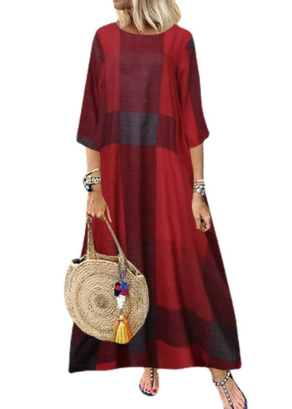 Women Red-crane O-Neck Plaid Maxi Dresses Half Sleeve