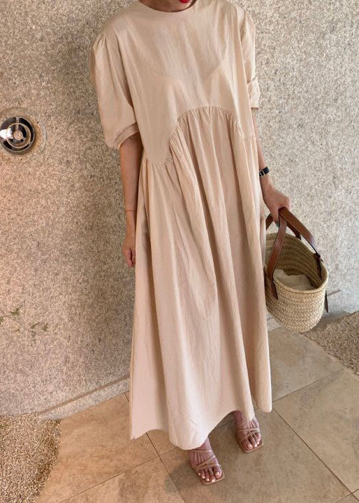 Women Khaki O Neck Wrinkled Patchwork Cotton Dresses Summer