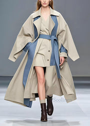 Women Khaki Oversized Patchwork Cotton Fake Two Piece Trench Spring