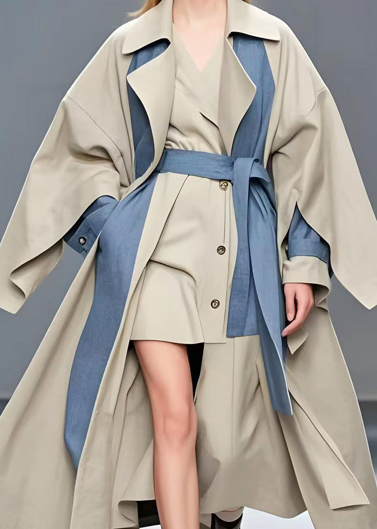 Women Khaki Oversized Patchwork Cotton Fake Two Piece Trench Spring