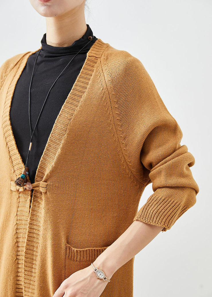 Women Khaki Oversized Pockets Knit Cardigan Fall