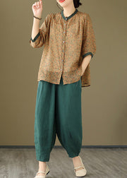 Women Khaki Pink Tops And Linen Crop Pants Cotton Two Pieces Set Spring